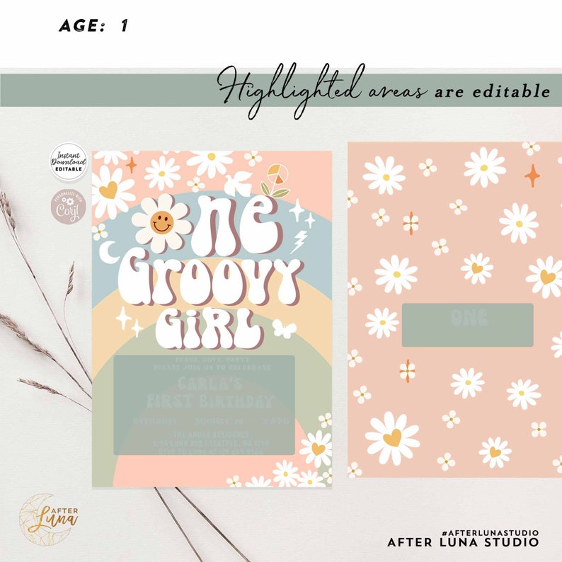 May include: A printable invitation for a first birthday party with a groovy girl theme. The invitation features a rainbow, daisies, and the text "One Groovy Girl".