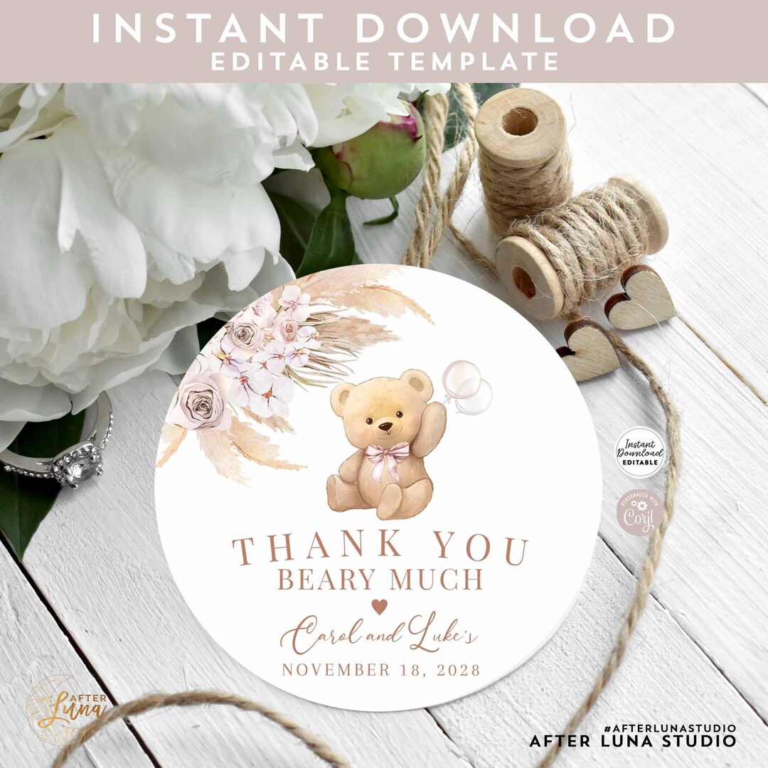 Editable Boho Pink Pampas Grass Girl Teddy Bear Baby Shower Thank You ...