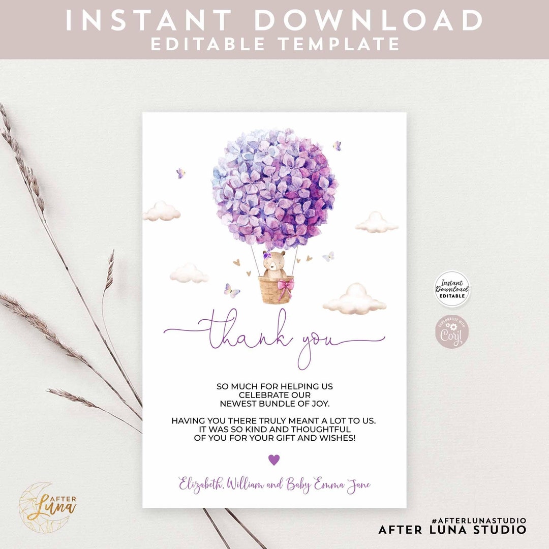 Editable Purple Lavender Girl Thank You Flat Card Teddy Bear Hot Air ...