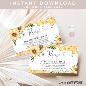 Bearbeitbare personalisierte Sonnenblume Honig Biene Rezept Einsatzkarte Baby Brautdusche Rezept Karte Druckbare Vorlage Sofortiger Download 846V1
