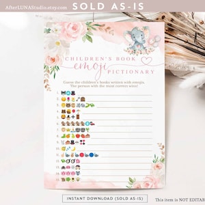 Blush rosa Elefant Kinderbuch Emoji Bildspiel Erdnuss Elefant-Babyparty druckbare digitale Sofort-Download 288V1