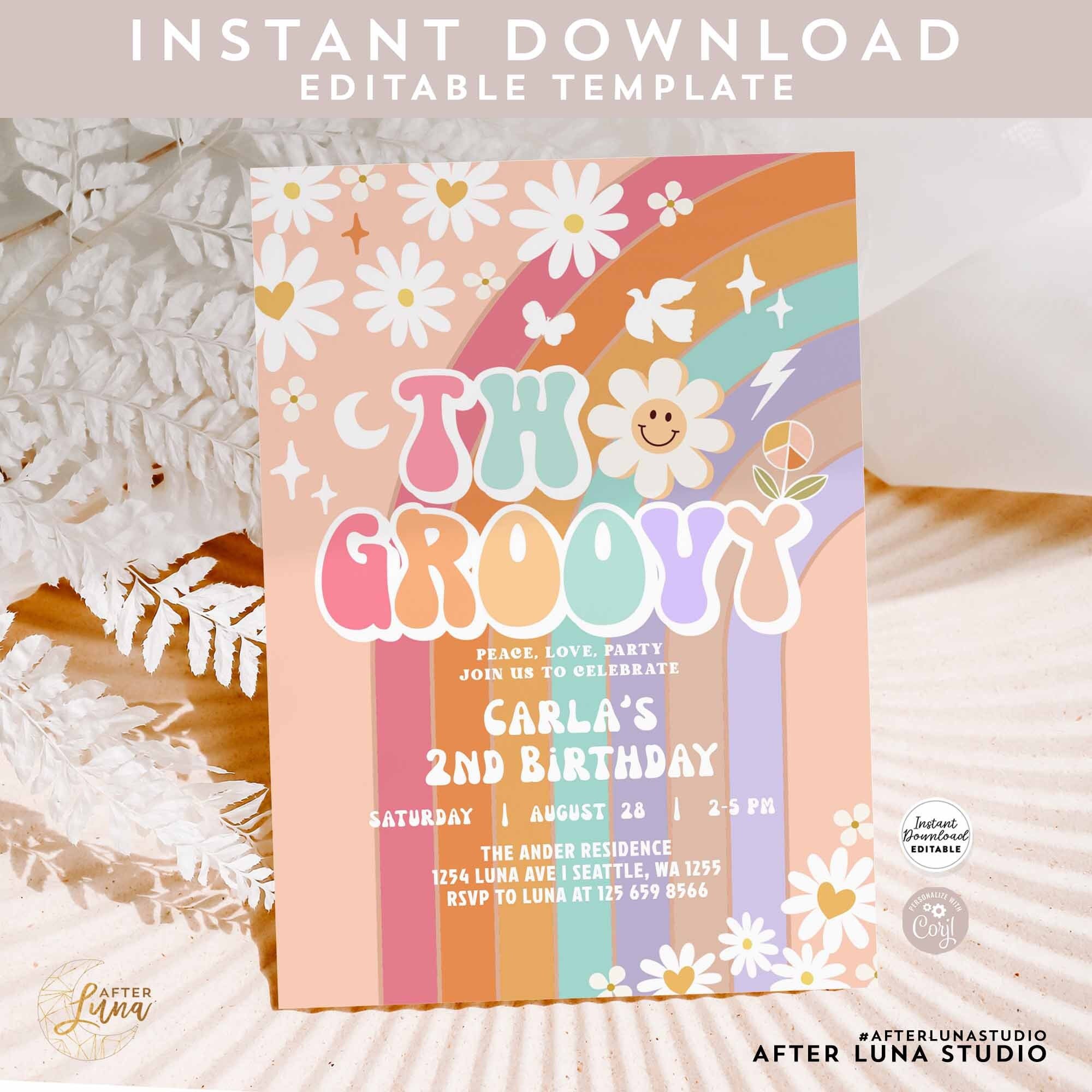 Editable TWO Groovy Invite Daisy Rainbow Groovy 2nd Birthday Invite Hippie 70s Retro 1st Birthday Invitation Instant Download