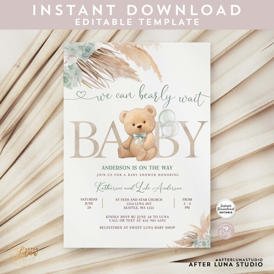 Editable We Can Bearly Wait Green Sage Pampas Grass Boho Bear Baby ...