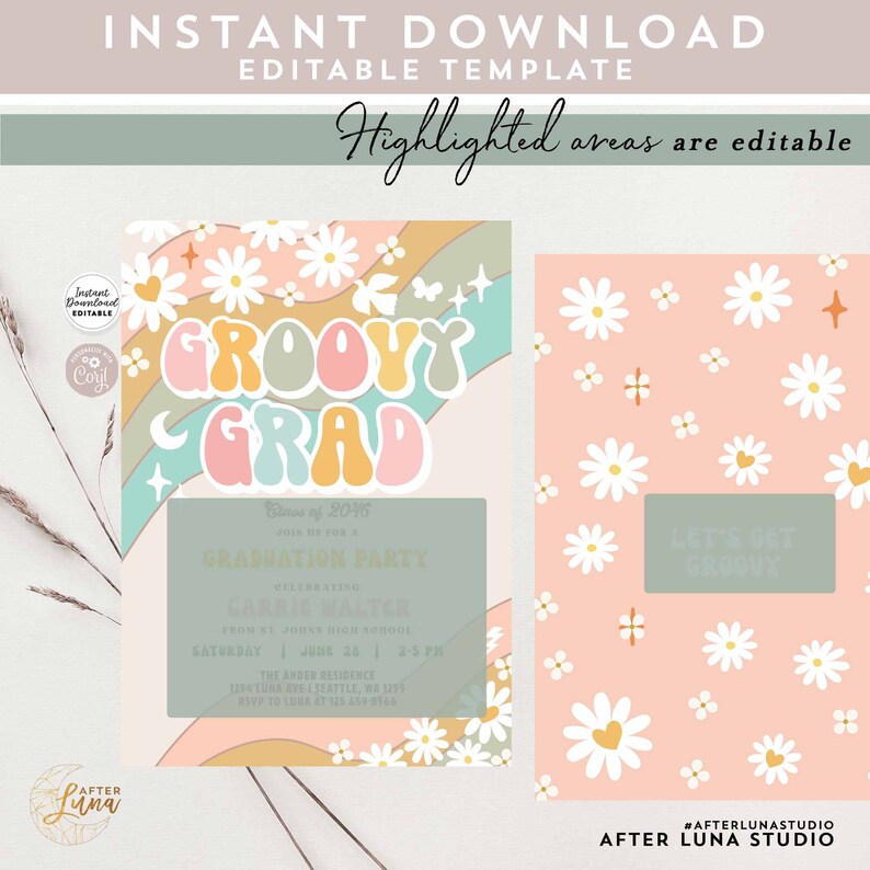 Editable Groovy Grad Graduation Invite Groovy Grad Party Daisy Etsy