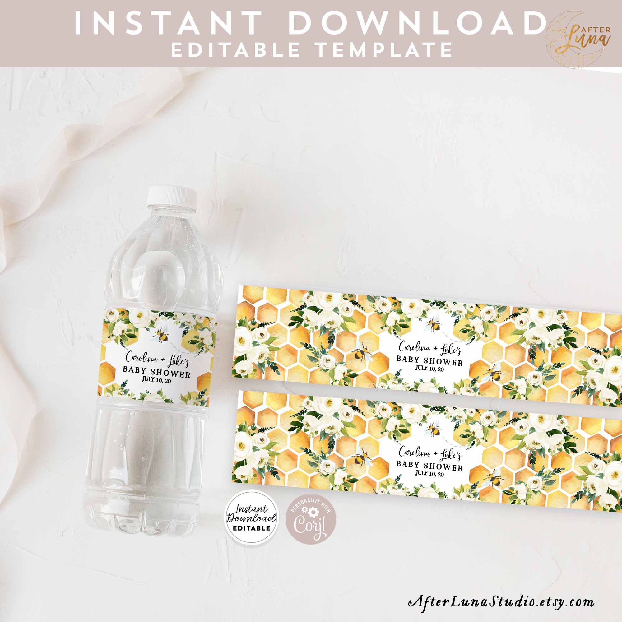 Editable Bee Water Bottle Label Sweet As Can Bee Baby Shower Sprinkle Water Bottle Decor Decoration Printable Instant Download 845V1