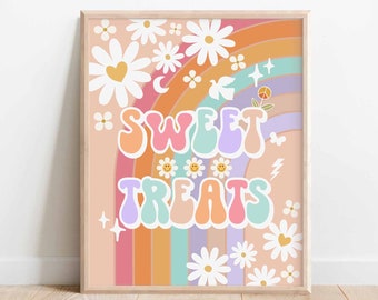 Groovy Birthday Party Decor 70&#39; Daisy Sweet Treats Sign Decor Groovy Rainbow Hippie Birthday Decoration Printable Instant Download 633K4