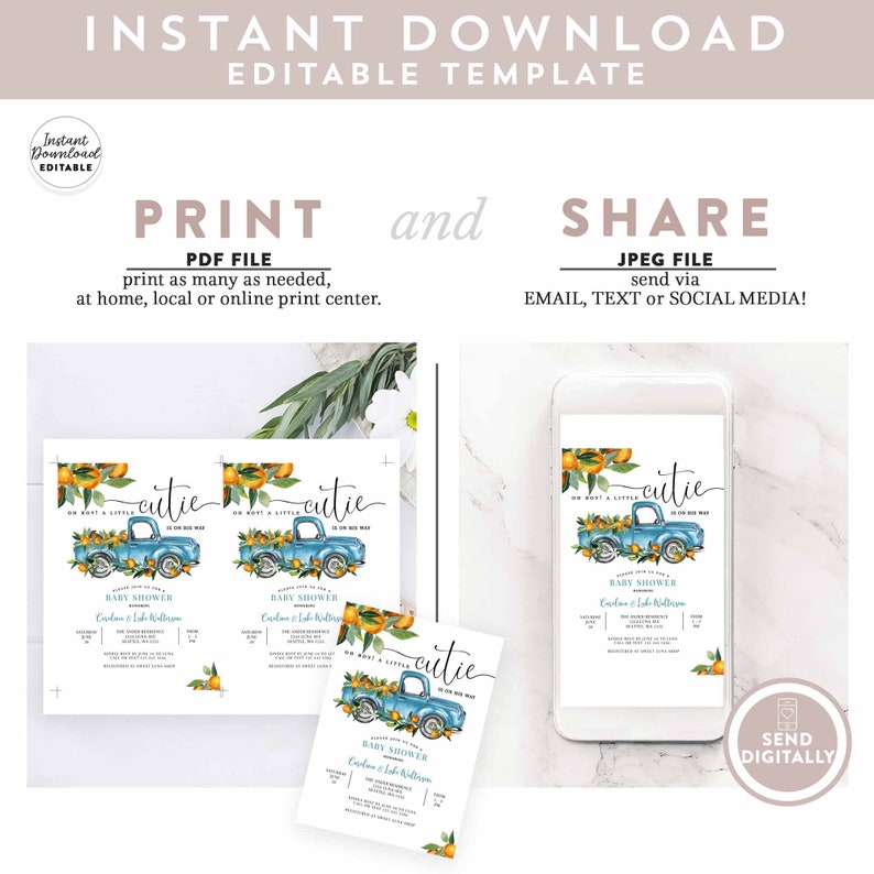 May include: Printable baby shower invitation featuring a blue truck with oranges and the text "cutie" on the side. The invitation says "Oh boy, a little cutie is on his way!" and includes the text "Baby Shower" and the names "Caroline & Luke Robinson".