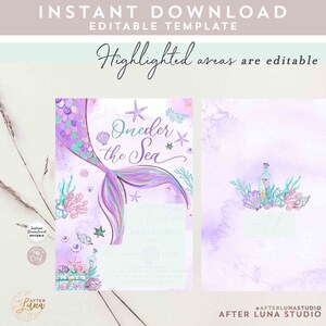 Editable Oneder the Sea Mermaid Purple Teal First 1st Mermaid Birthday Little Mermaid Invite ...