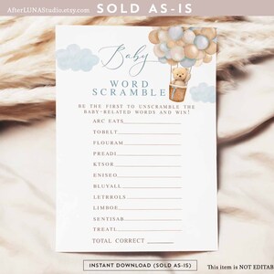 Blue Boy Teddy Bear Hot Air Balloon Baby Baby Word Scramble Game Boho We Can Beary Wait Baby Digital Printable Instant Download 905V1