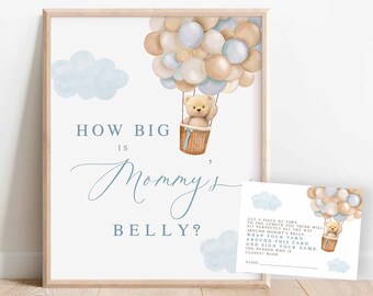 May include: A printable baby shower game with a blue and beige colour scheme. The game is called "How Big is Mommy's Belly?" and features a teddy bear in a hot air balloon made of balloons. The game instructions are to cut a piece of yarn to the length you think will fit perfectly around the mom-to-be's belly, wrap the yarn around the card, and sign your name. The person who is closest wins.