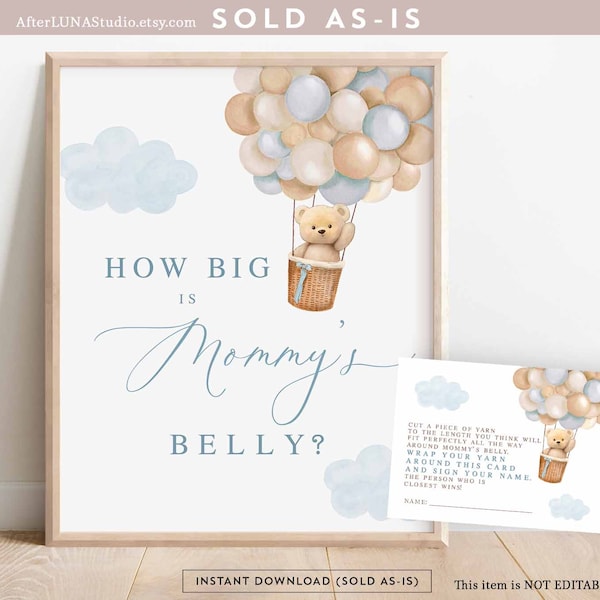 Blue Boy Teddy Bear Hot Air Balloon Guess How Big Is Mommy's Belly Game Boho We Can Beary Wait Baby Shower Digital Printable Download 905V1