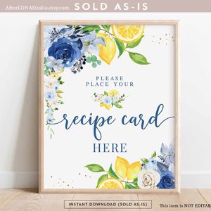 Sinal de cartão de receita de limão floral azul para impressão cítrico ela encontrou seu principal aperto nupcial chá de bebê decoração sinal download instantâneo 157BR5