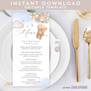 Modificabile QUALSIASI EVENTO Blue Boy Bear Mongolfiera Baby Shower Sprinkle Battesimo Compleanno 4x8" Menu Modello stampabile Download istantaneo 902V1