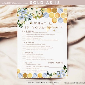 Blue Honey Bee What&#39;s In Your Phone Game What Will Baby Bee Sweet As Can Bee Boy Baby Shower Game Digital Printable Instant Download 1574V3