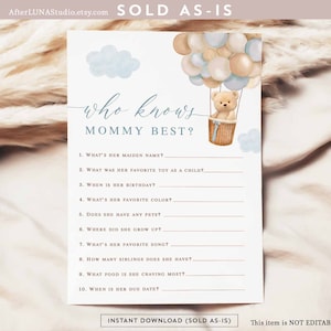 Blue Boy Teddy Bear Mongolfiera Chi conosce la mamma Miglior gioco Boho Possiamo Beary Wait Baby Shower Digitale stampabile Download immediato 905V1