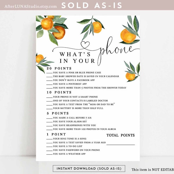 Orange Citrus Little Cutie What's In Your Phone Game Couple Couples Baby Shower Sprinkle Game Digital Printable Instant Download 160V1