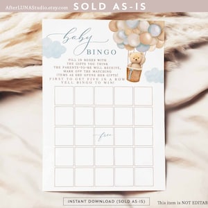 Blue Boy Teddy Bear Hot Air Balloon Baby Bingo Game Boho We Can Beary Wait Baby Shower Games Digital Printable Instant Download 905V1