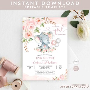 EDITABLE Blush Pink Rose Gold Elephant Baby Shower Invitation Girl Baby ...