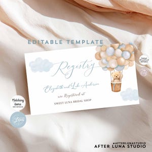 Plantilla editable de registro para baby shower de niño con osito de peluche azul y globo aerostático: ¡Apenas podemos esperar! Descarga instantánea 905V1