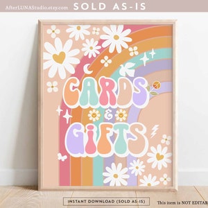 Groovy verjaardagsfeestje decor 70' madeliefje kaarten en cadeaus bord decor groovy regenboog hippie verjaardagsdecoratie afdrukbare instant download 633K4