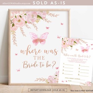 Butterfly Where Was The Bride To Be Game Pink Rose Gold Butterfly Bridal Shower Brunch Games Digital Printable Instant Download 1406BR