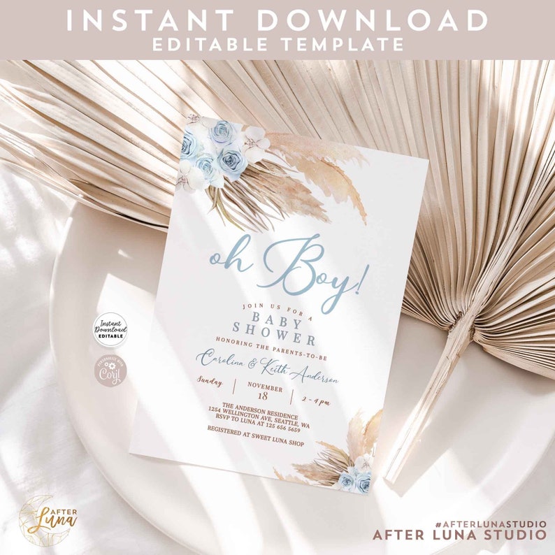 Editable Blue Pampas Grass Boho Baby Shower Invitation Boy Minimalist ...