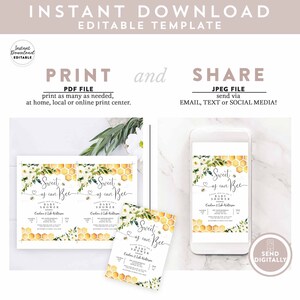 Op de afbeelding: Bewerkbare sjabloon voor een babyshower-uitnodiging met een bijen- en honingraatthema. De uitnodiging heeft een wit bloemenontwerp met groene bladeren en de tekst "Sweet as can Bee Baby Shower".
