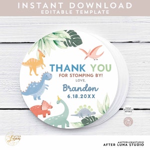 Editable Dino Dinosaur Birthday Boy Two Three Rex Thank You for Stomping By Dino Favor Tags Label Printable Template Instant Download 277K2