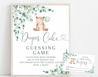 GLOBO VERDE Vegetación Adivina cuántos pañales Juego de pastel de pañales Bearly Wait Baby Shower Género Neutral Imprimible Descarga instantánea 1432V6