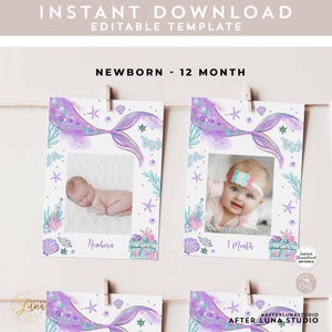 Mermaid First 1st Birthday Photo Banner: Undersea Mermains Party 5x7&quot; Editable Template 1329V1