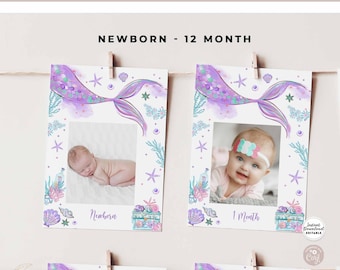 May include: Twelve printable cards featuring a mermaid tail design with a purple and green watercolor background. Each card has a space for a photo and a label for each month of a baby's first year, starting with "Newborn" and ending with "12 Months".