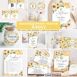 May include: A set of printable baby shower decorations with a bee and honeycomb theme. The decorations include a welcome sign, a thank you sign, a wishes for baby sign, a time capsule sign, a book request sign, and a first birthday party sign. The decorations are decorated with sunflowers, bees, and honeycomb patterns.