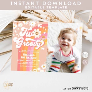 May include: A pink and orange birthday invitation with a rainbow and daisies. The text reads "Tu Groovy" and "Melissa's 2nd Birthday".