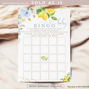 Digital Blue Floral Lemon Baby Bingo Game Printable Game Citrus Lemon Boy Baby Shower Games Digital Instant Download 157V2