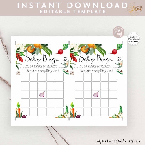 EDITABLE Locally Grown Farm Farmers Market Bingo Game Card Baby Shower Baby Bingo Virtual Shower Games Printable Template shops Download 361V1