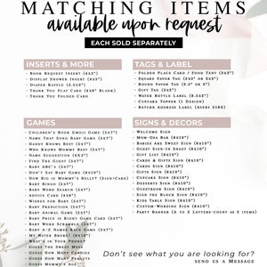 Op de afbeelding: Een roze en wit printbaar bord met de tekst "Matching Items available upon request" en een lijst met printbare items voor babyshowers, waaronder inlegvel, labels, stickers, spelletjes en borden. Elk item wordt vermeld met de maat en beschrijving. Het bord bevat ook de tekst "Don't see what you are looking for? Send us a message."