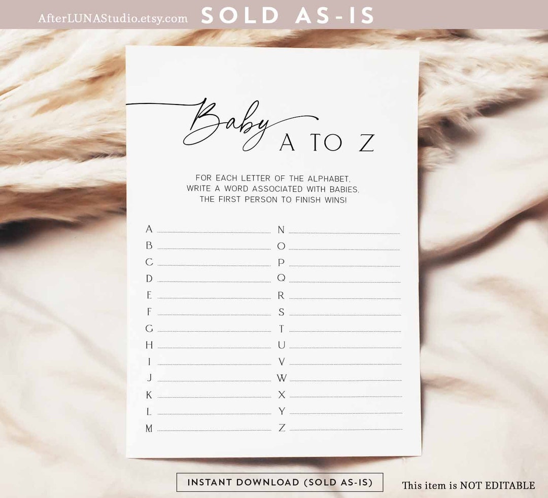 Minimalist Baby Shower Games Baby A to Z Baby ABC Game Black and White
