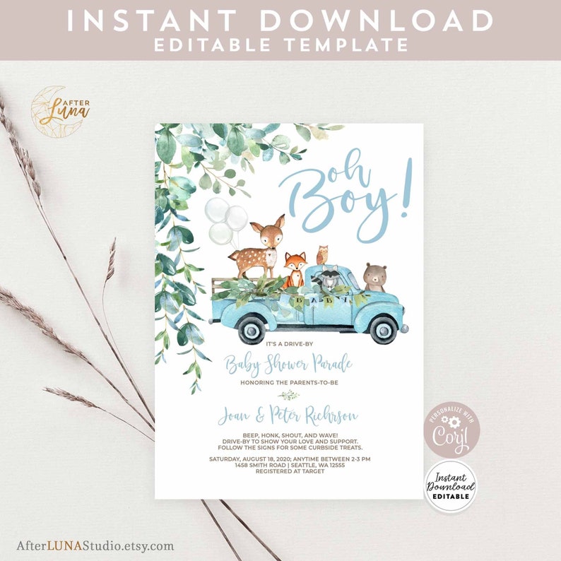 Editable Woodland Drive by Baby Shower Invitation Baby Blue Etsy