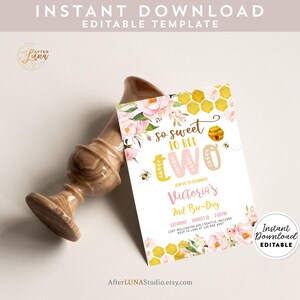 May include: Editable printable invitation for a second birthday party with a bee theme. The invitation features a pink and yellow bee with the text "so sweet to bee two" and a floral design.