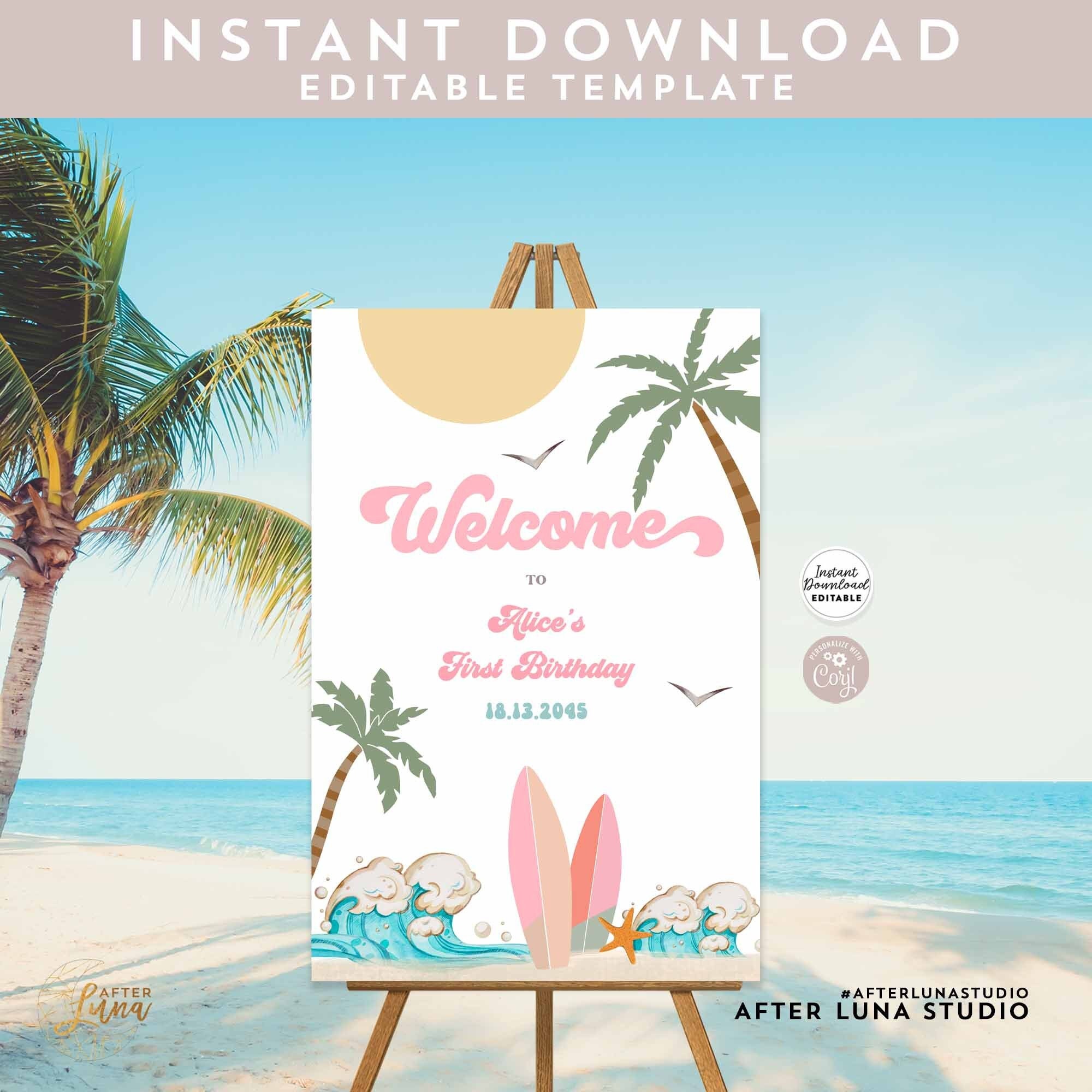 Editable Surf Surfing Pink Peach Girl Surf's Up Birthday Baby Shower Decor Welcome Sign Beach Party Decor Printable Instant Download 630K3