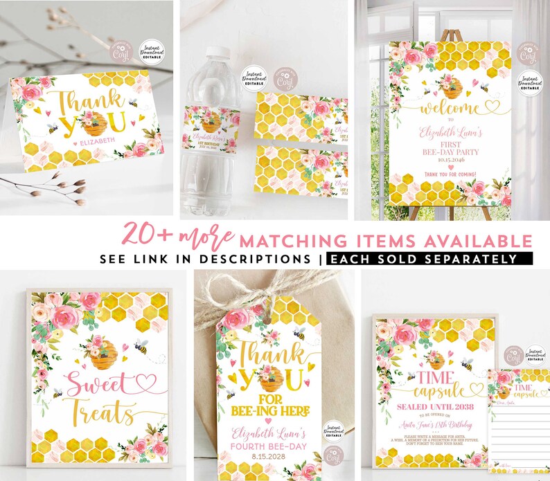 May include: A set of printable party decorations featuring a bee and honeycomb theme. The decorations include a welcome sign, thank you tags, a time capsule sign, and a sweet treats sign. The decorations are decorated with pink flowers and bees.