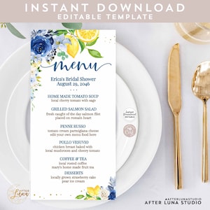 Editável QUALQUER EVENTO Azul Floral Limão Nupcial Bebê Polvilhe Chá de panela Menu editável de aniversário Modelo para impressão Download instantâneo 157BR5