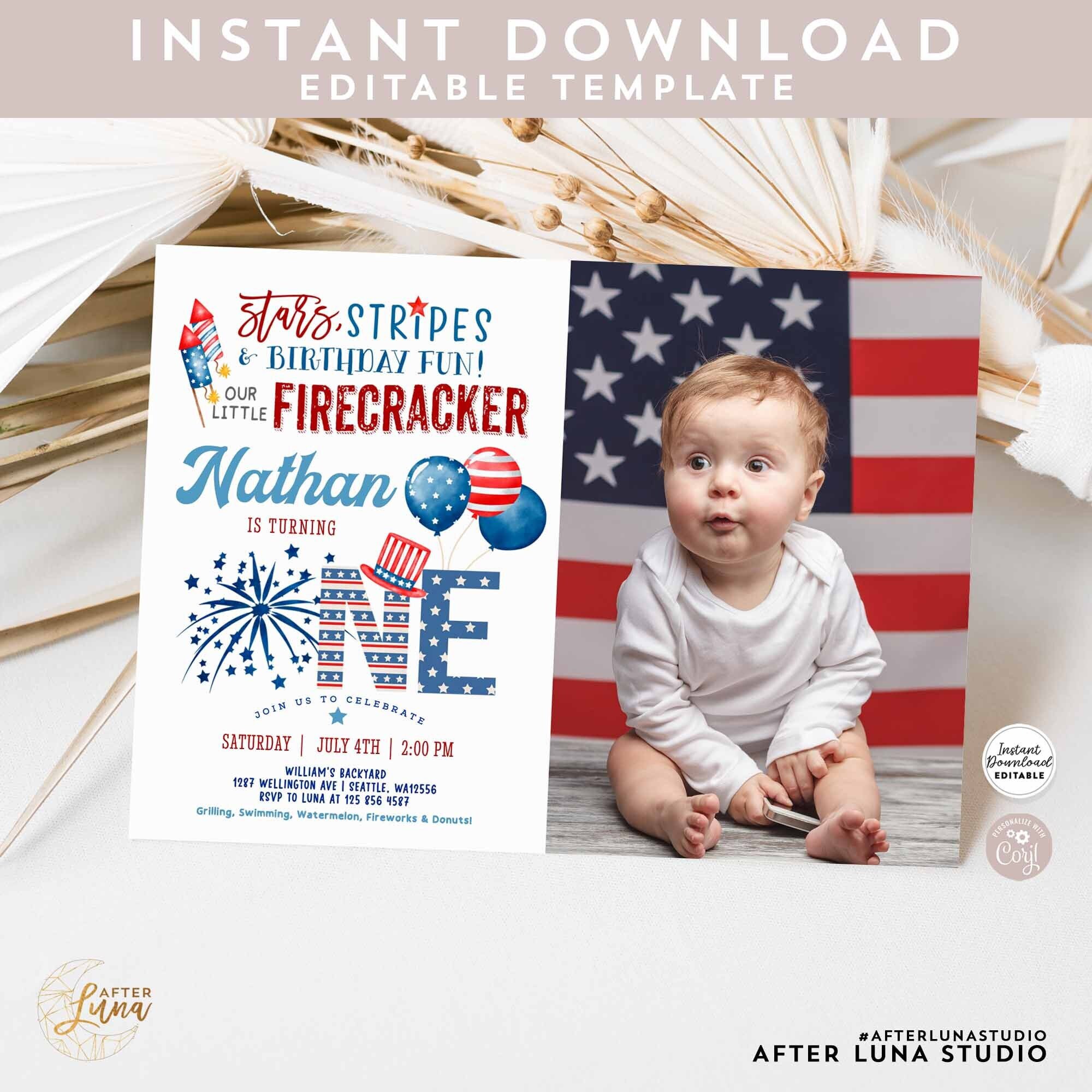 Editable 4th of July First Birthday Photo Invitation Firecracker Boy Blue Red Fourth of July Birthday Invitation Instant Download AL1477