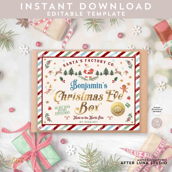 EDITABLE Personalized Blue Christmas Eve Box Label Printable - Etsy