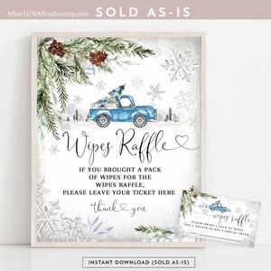 Winter Blue Truck Snowflake Wipes Tarjeta de rifa y juego de signos Blue Truck Virtual Long Distance Baby Shower Descarga instantánea 1235V1