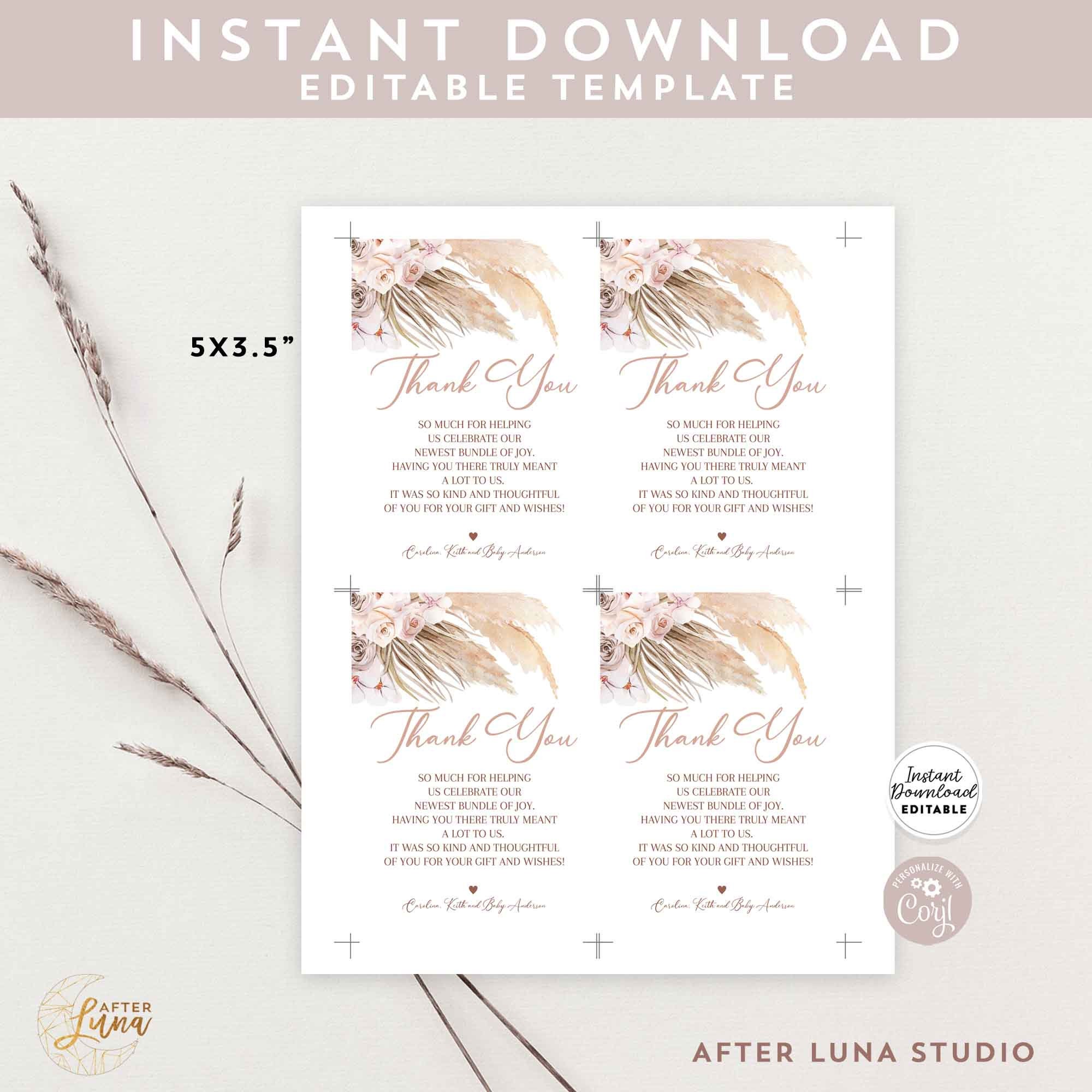 Editable Pampas Grass Bohemian Boho Baby Bridal Shower Birthday Thank ...