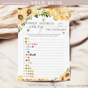 Może przedstawiać: Drukowana gra na wieczór panieński z motywem słonecznika i plastra miodu. Gra nazywa się "Bride Shower Emoji Pictionary" i polega na odgadnięciu słów i zwrotów związanych ze ślubem, przedstawionych za pomocą emoji.