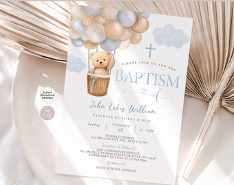 Editable Baptism Blue Boy Teddy Bear Hot Air Balloon Baptism Invitation Beary Invite Printable Instant Download 905B1 (1)