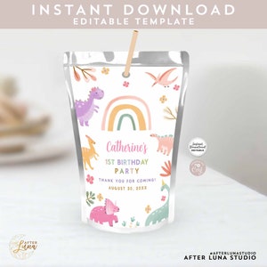 Editable Capri Sun Label Dino Birthday T Rex Pink Lavender Purple Dino Party Favor Label Printable Template Instant Download 284V1