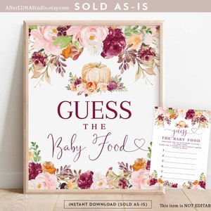 Burgundy Fall Pumpkin Baby Shower Game Guess The Baby Food Game Card and Sign Game Baby Shower Printable Games Instant Download AL28